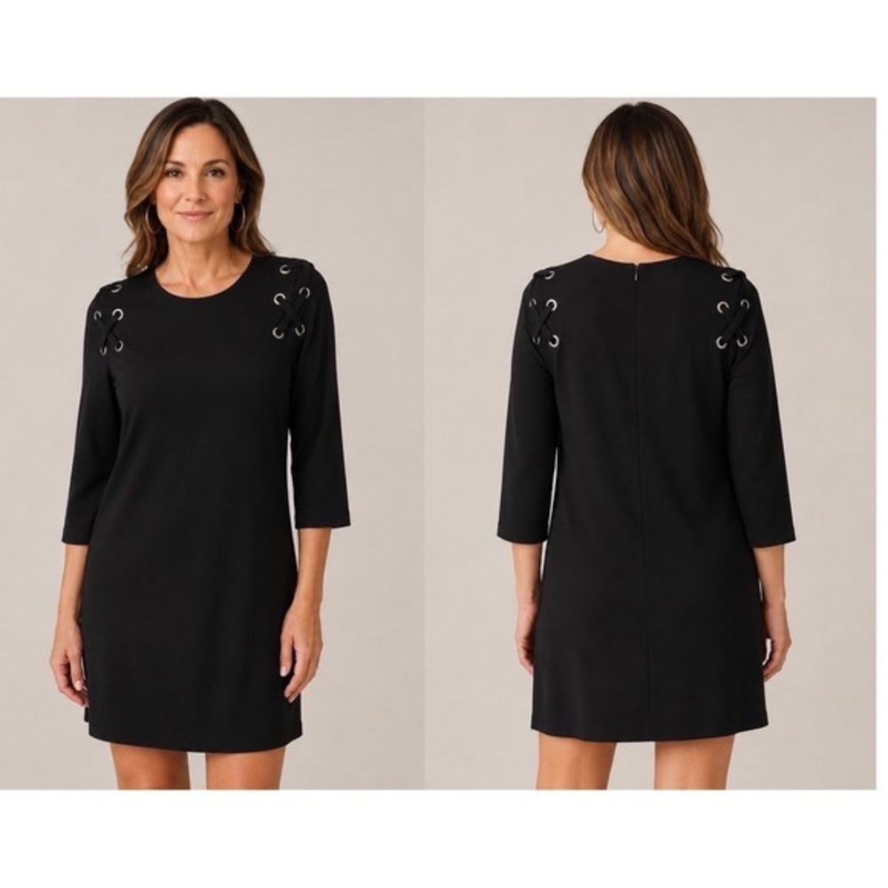 Michael Kors Petite L Black Shift Dress Grommet Crisscross Quiet Luxury Edgy LBD